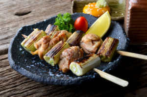 Nekima yakitori or Japanese chicken and onion grill.